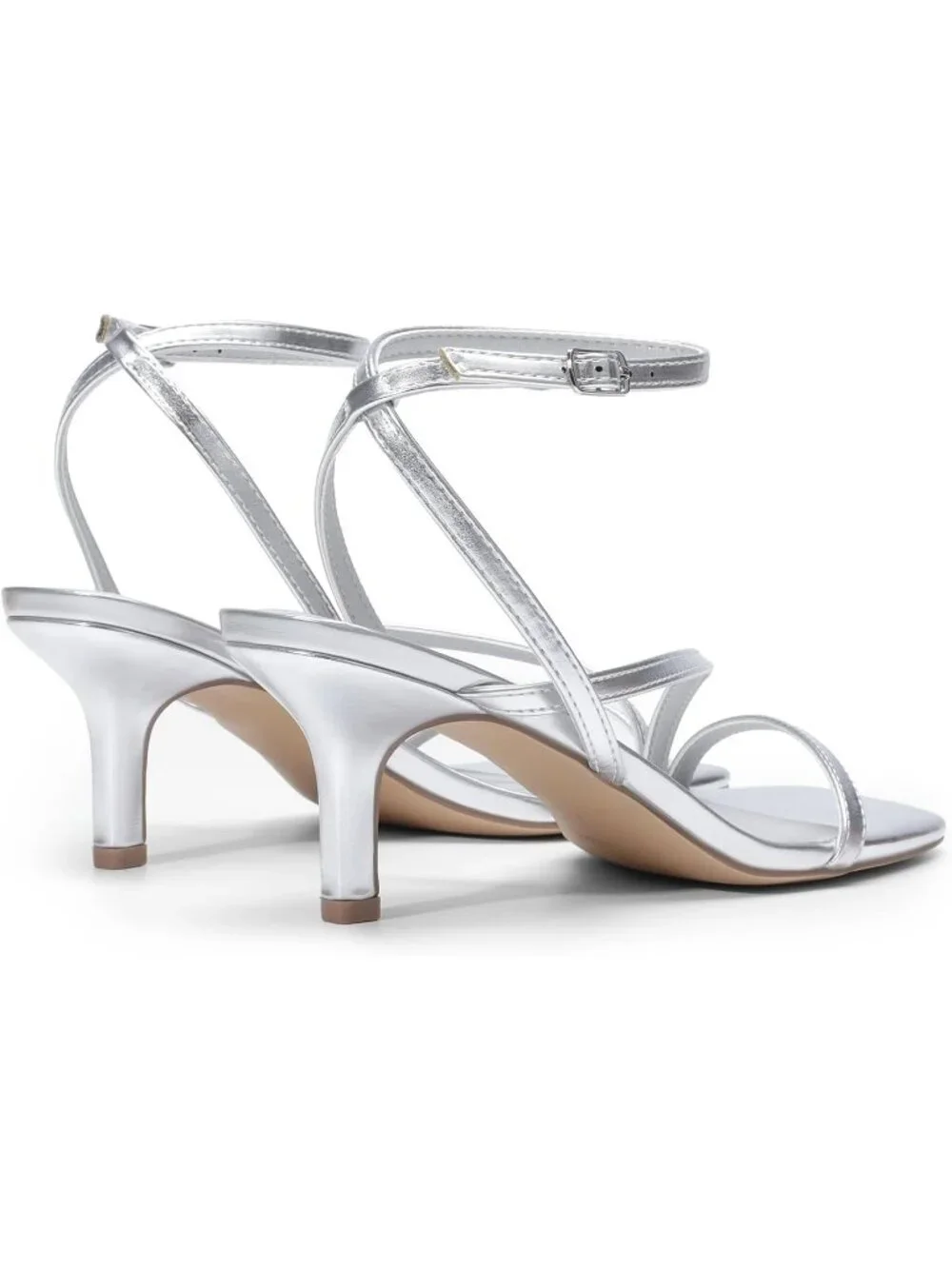 Women's Silver Faux Leather Low Kitten Heels Open Square Toe Ankle Strap Sandals